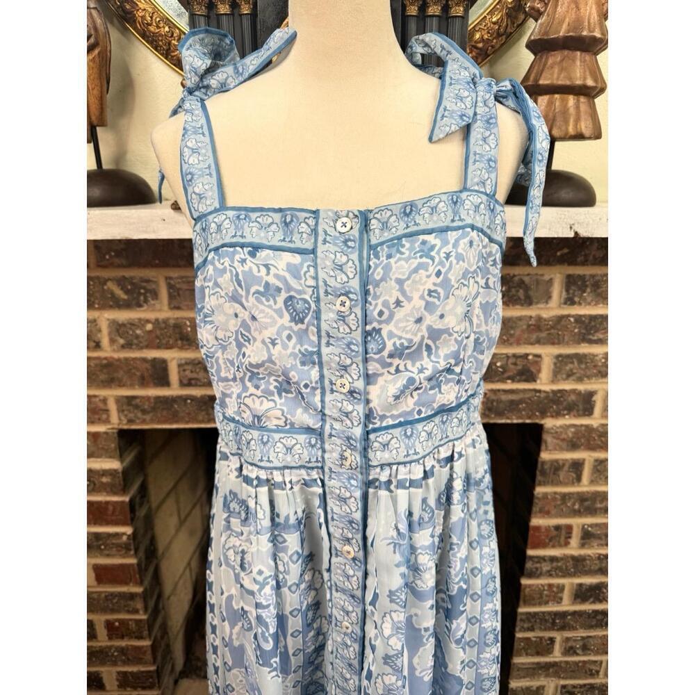 Gretchen Scott Dress Womens Size M Blue White Midi Floral Tie Shoulder - Picture 3 of 10